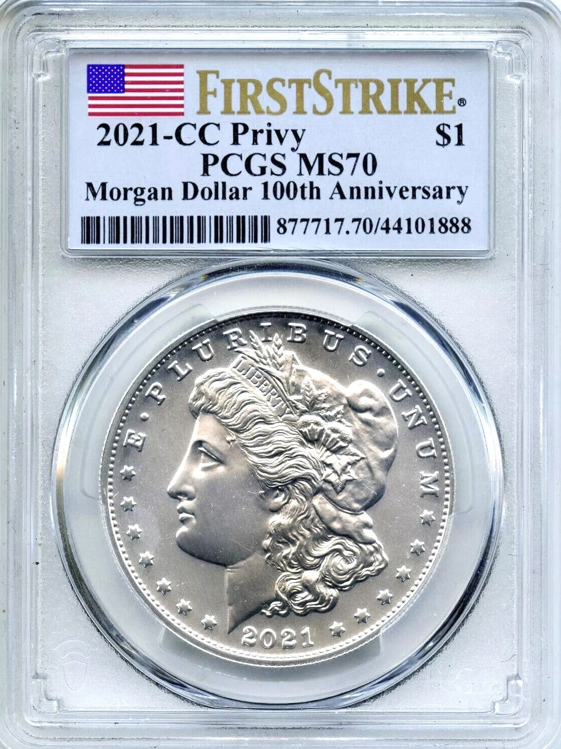 2021 CC Morgan Silver Dollar MS70 PCGS First Strike Flag Label